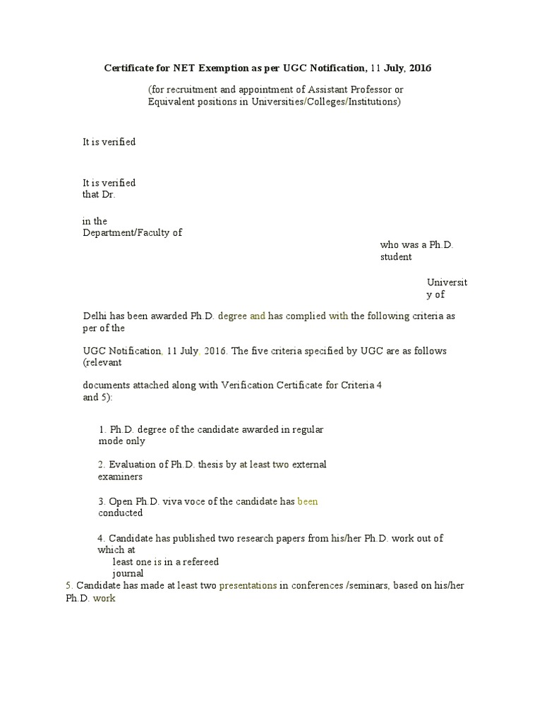 Certificate For NET Exemption As Per UGC Notification | PDF
