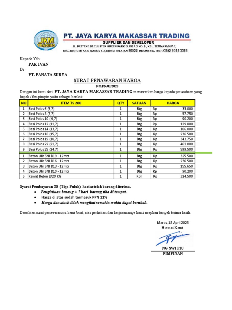 BESI BETON JKM - R. Penawaran Besi Beton | PDF