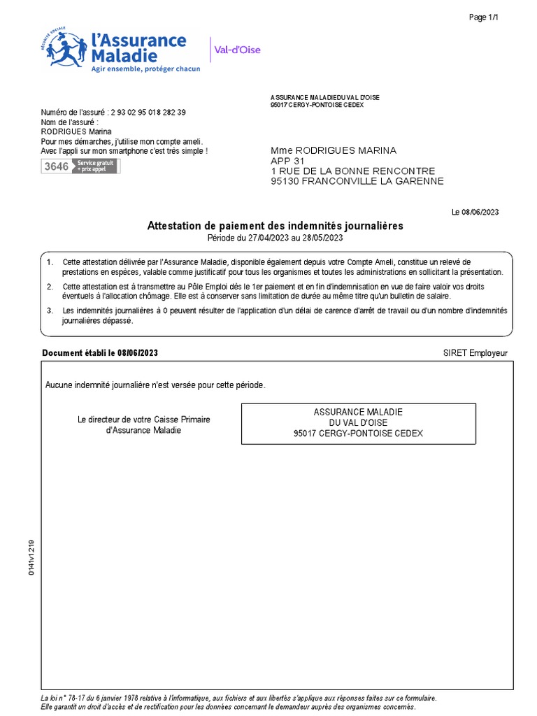 Attestation de paiement IJ - Aucune versement | PDF | Congé maladie ...