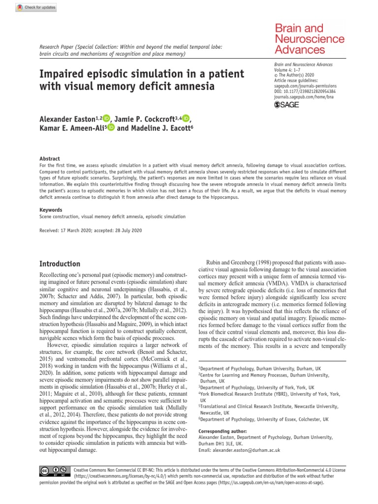 Episodic Simulation in Visual Memory Deficit Amnesia | PDF | Amnesia ...