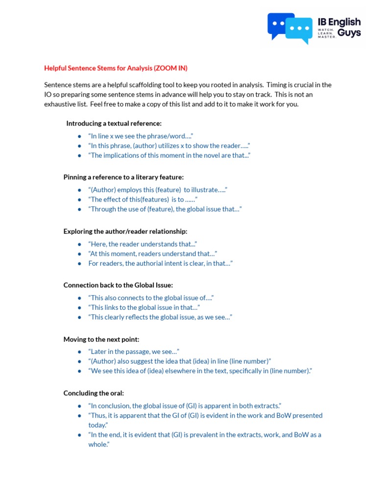 IO Sentence Stems For Zoom in PDF