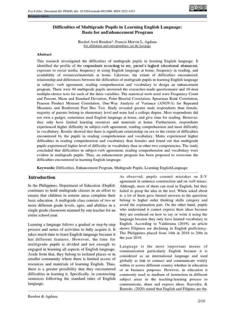 Difficulties of Multigrade Pupils in Learning English Language Basis