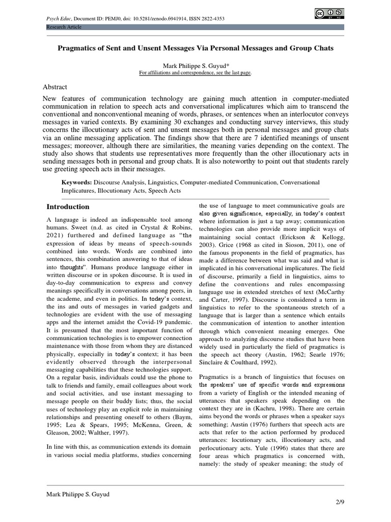Pragmatics of Sent and Unsent Messages Via Personal Messages and Group ...