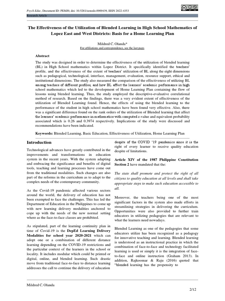 The Effectiveness of The Utilization of Blended Learning in High School ...