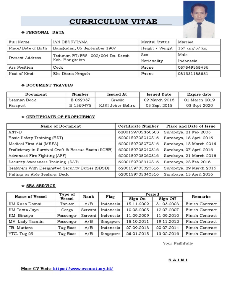 1 Contoh CV Pelaut Rating Bahasa Inggris | PDF