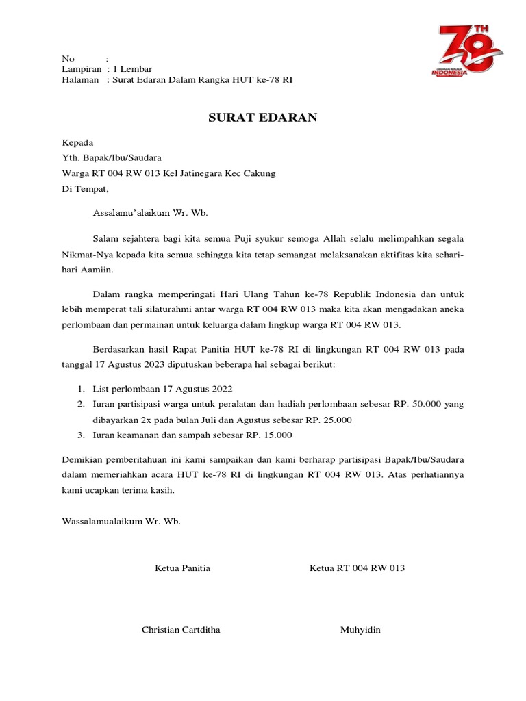 Surat Edaran Iuran HUT ke-78 RI | PDF | Olahraga & Rekreasi | Griya & Taman