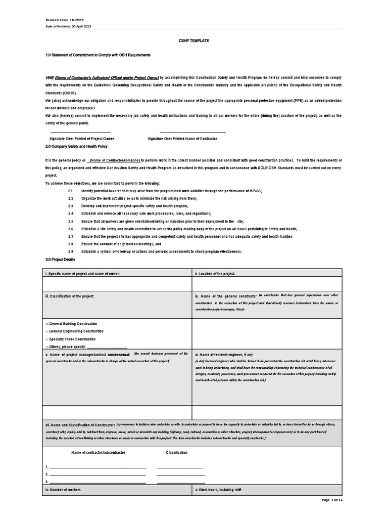 Form1B Updated CSHP Template 2 PDF Occupational Safety And Health