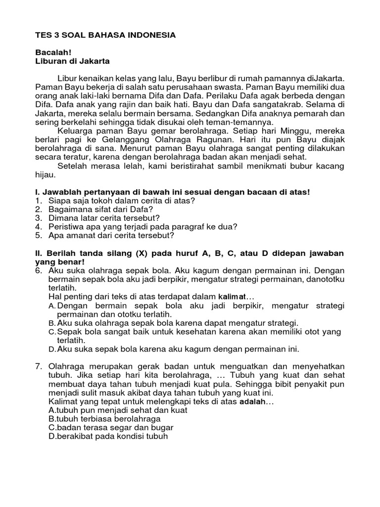 Tes 3 Soal Bahasa Indonesia Pdf