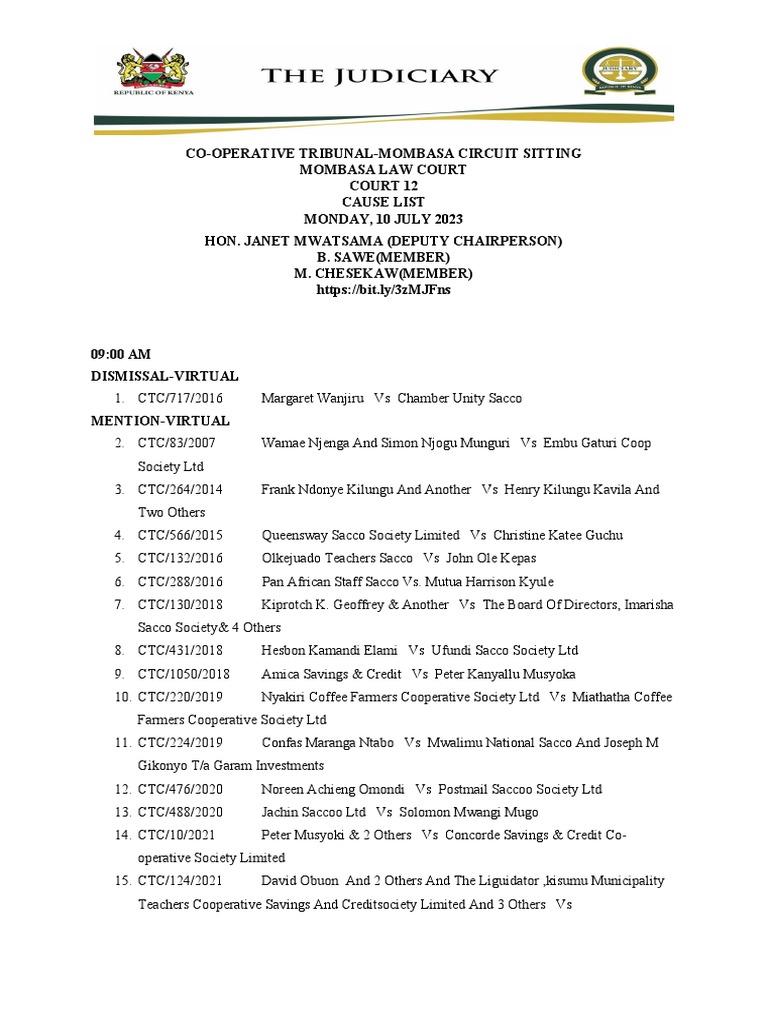 Cooperative Tribunal Mombasa Circuit Causelist for 10th July to 14th