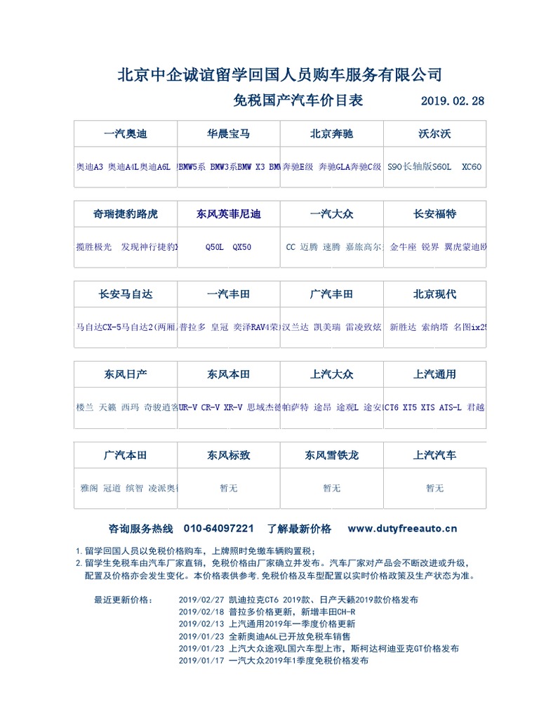 北京中企诚谊留学生免税车型价格表》 xls 20190228 | PDF