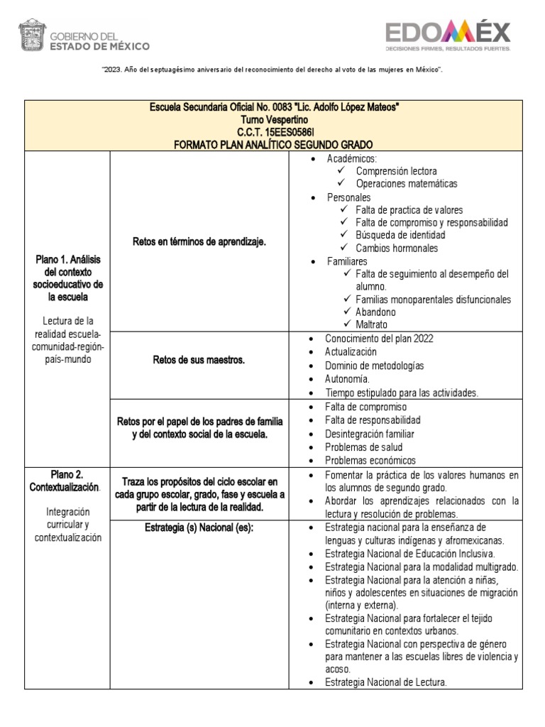 Plan Analítico Segundo Grado 2023 | PDF