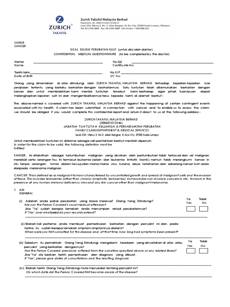 Tuntutan Kanser Zurich Takaful | PDF