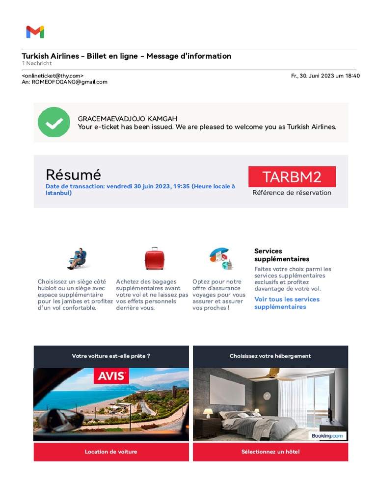 Gmail - Turkish Airlines - Billet en Ligne - Message D'information | PDF