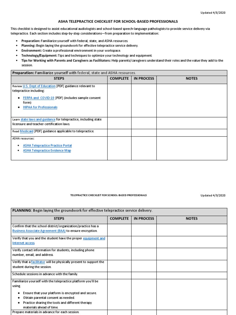 ASHA Telepractice Checklist for School Based Professionals PDF Wi