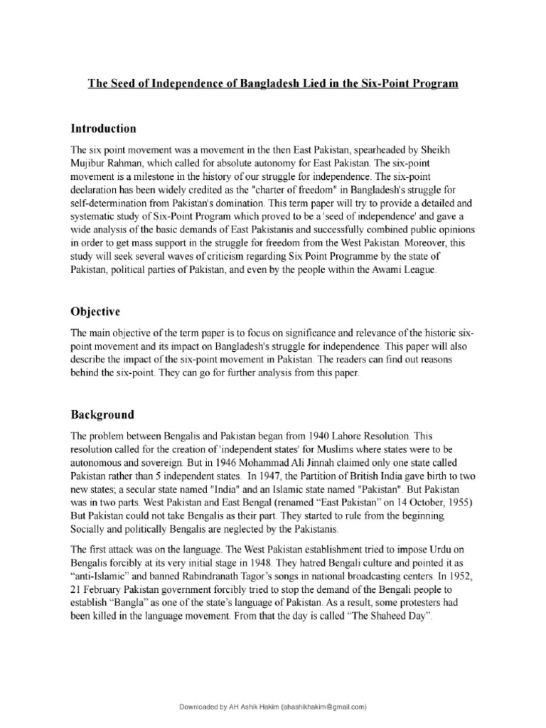 The Seed of Independence of Bangladesh Lied in The Six Point Program | PDF