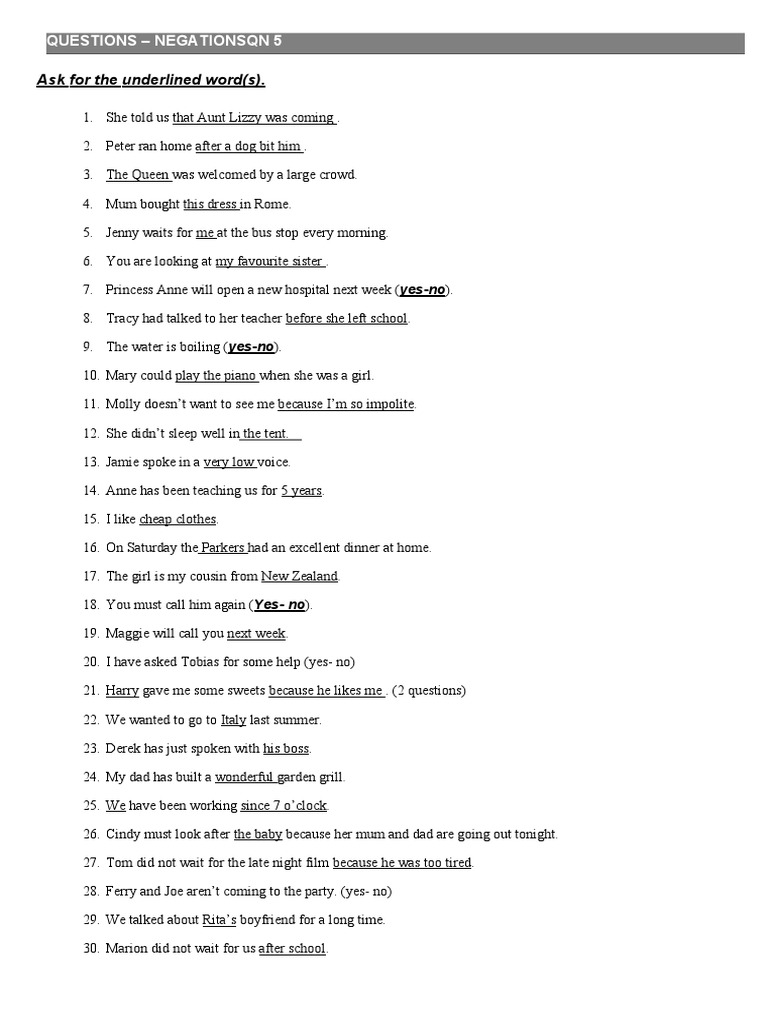 Ask for the underlined word s questions negationsqn 5 pdf
