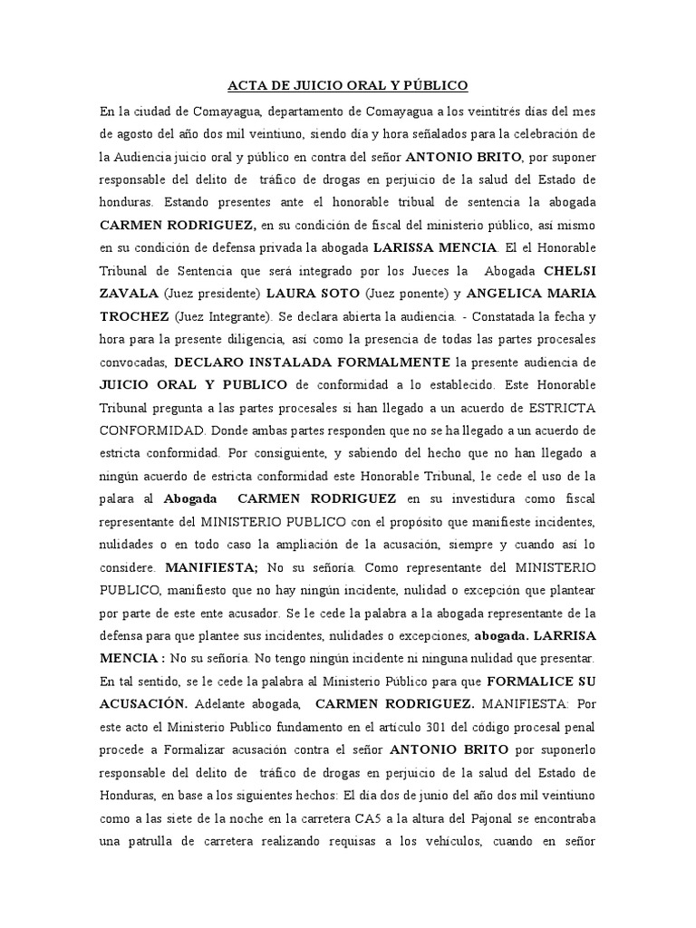 Acta de La Audiencia de Juicio Oral y Publico | PDF | Sentencia (ley ...