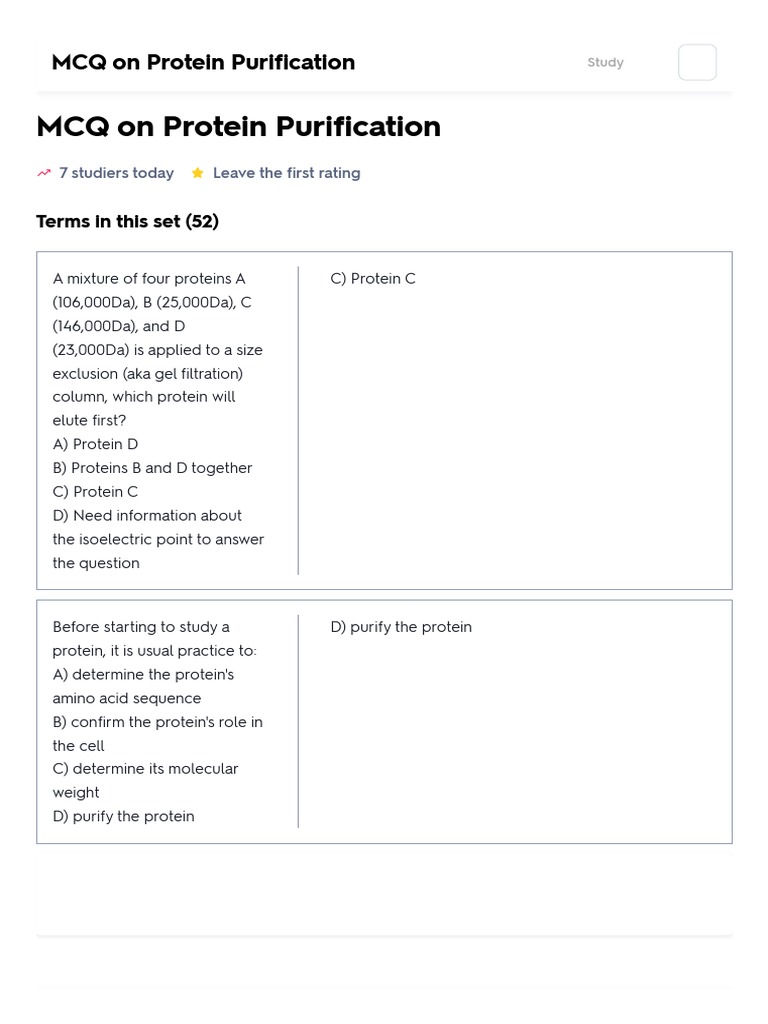 MCQ on Protein Purification Flashcards _ Quizlet PDF