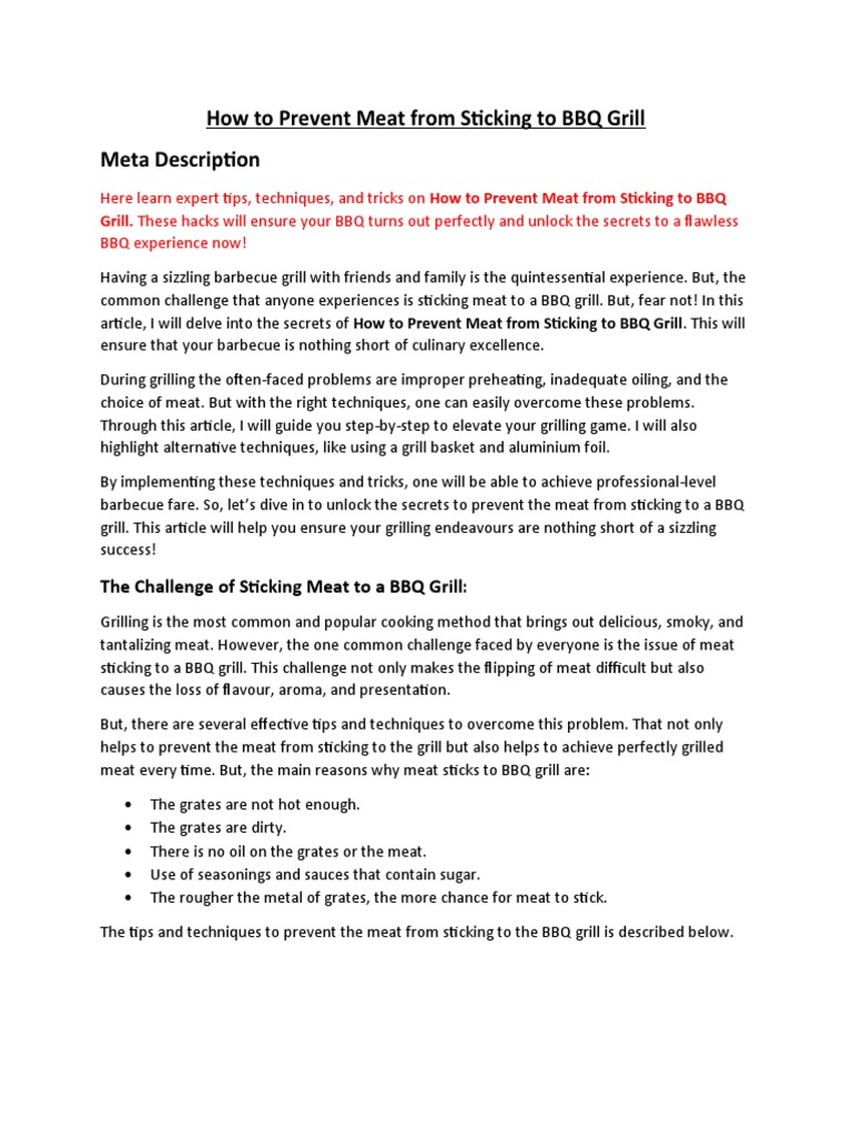 How To Prevent Meat From Sticking To The BBQ Grill PDF Barbecue