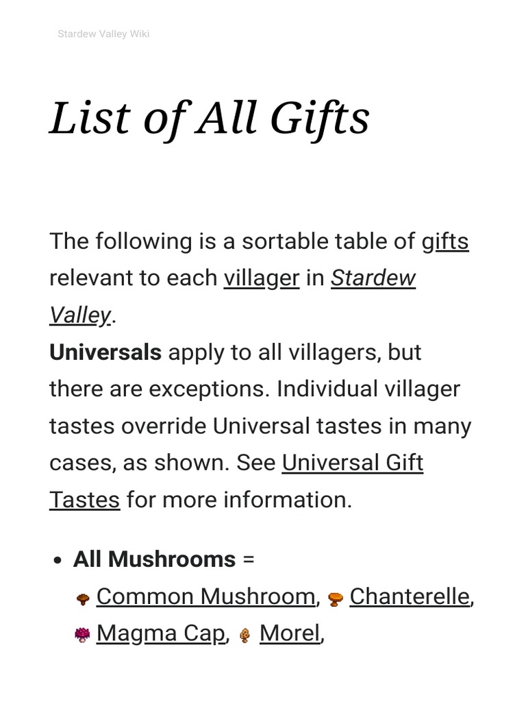 List of All Gifts Stardew Valley Wiki PDF Pancake Fruit