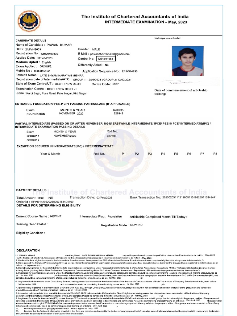 CA Inter may 2023 Exam form 2 PDF