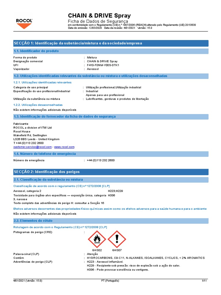Segurança do Spray CHAIN & DRIVE | PDF | Natureza | Ciências Físicas