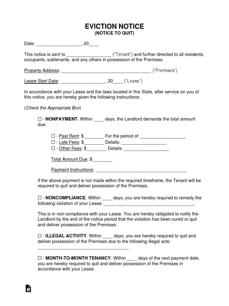 Eviction Notice to Quit Template Form PDF