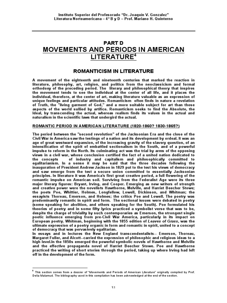 Movements and Periods in American Literature PDF Transcendentalism Nathaniel Hawthorne