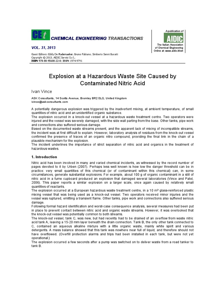 Explosion at a Hazardous Waste Site Caused by Contaminated Nitric Acid PDF Nitric Acid Odor