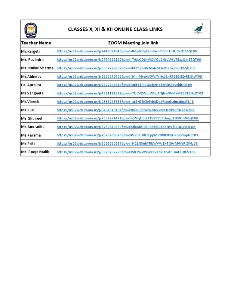 Online Class Zoom Links for X-XII | PDF