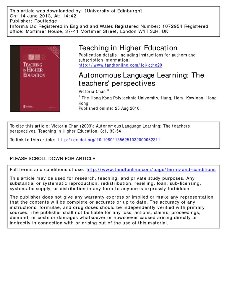AUTONOMOUS LEARNING, TEACHER'S PERSPECTIVES | PDF | Teachers | Motivation