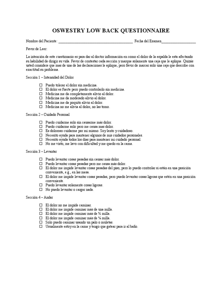 Low Back Questionnaire Spanish Version PDF Dolor Medicina CLINICA