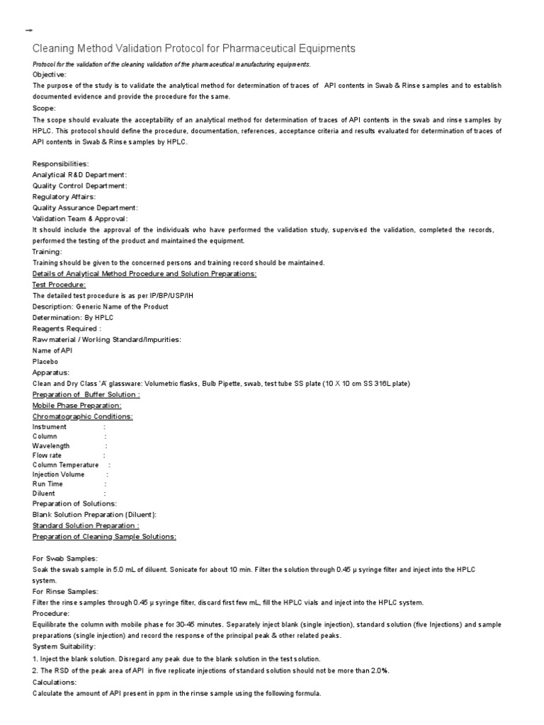 Cleaning Method Validation Protocol For Pharmaceutical Equipments