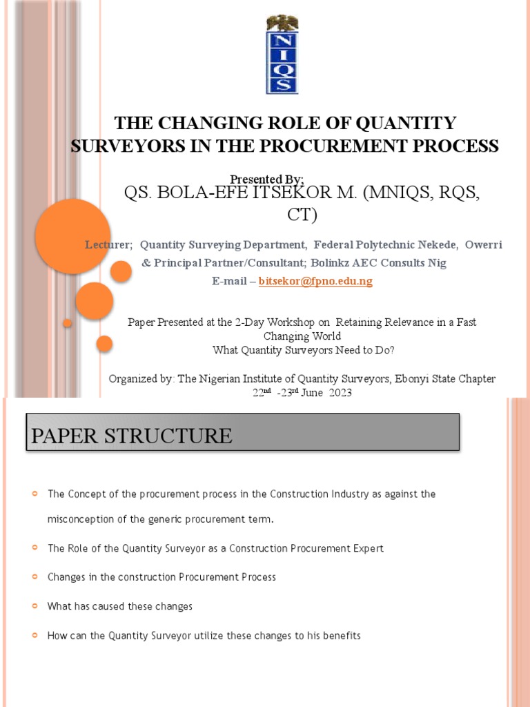 The changing role of Quantity Surveyors in the procurement process ...