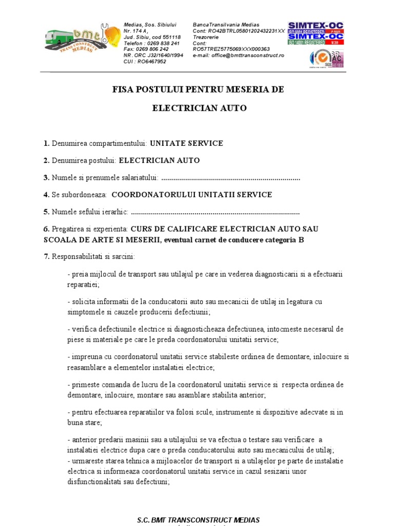 Fisa Postului Electrician Auto