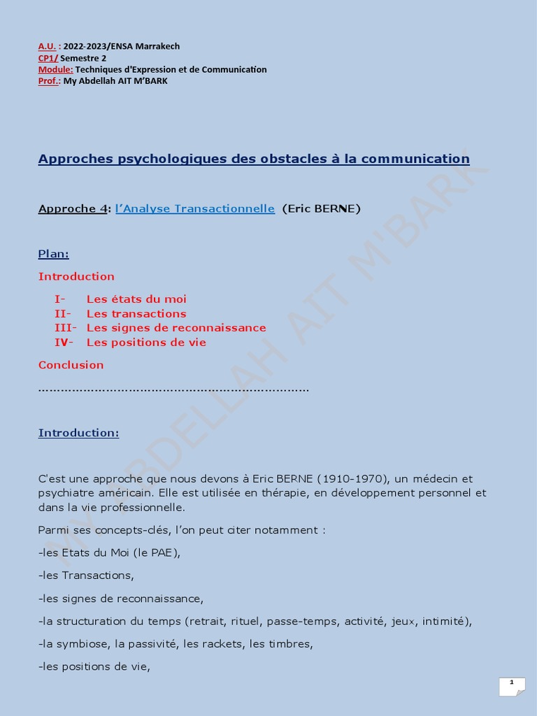 Analyse Transactionnelle d'Eric Berne | PDF | Sciences cognitives ...