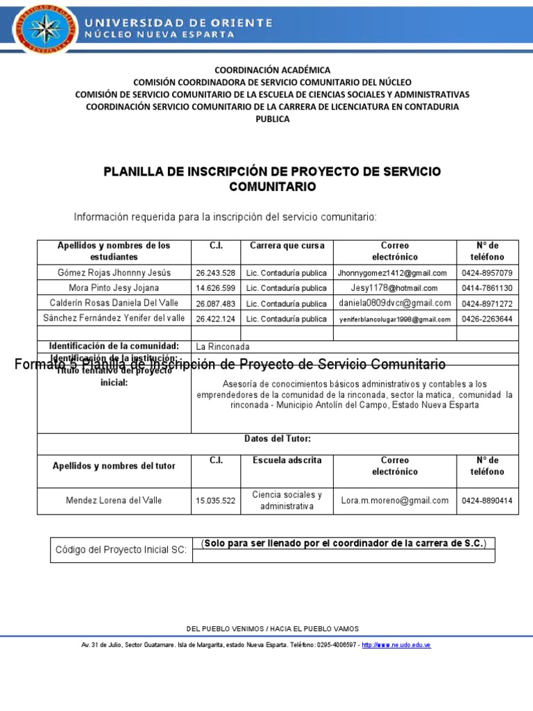 Formato 5 Plantilla de Inscripcion de Proyeco de Servicio Comunitario ...