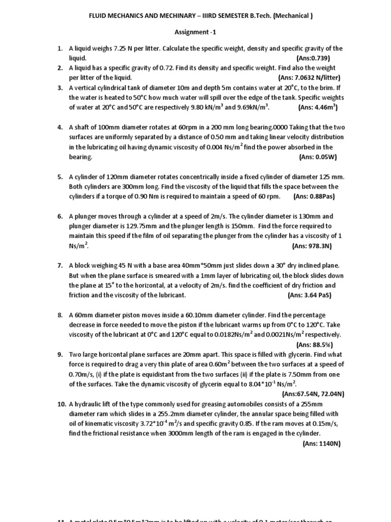 Fluid Mechanics Assignment - 3rd Sem | PDF | Buoyancy | Pressure