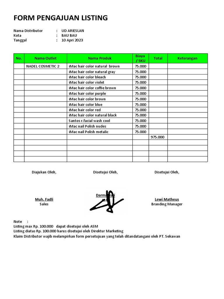Form Pengajuan Listing Produk 2023 | PDF