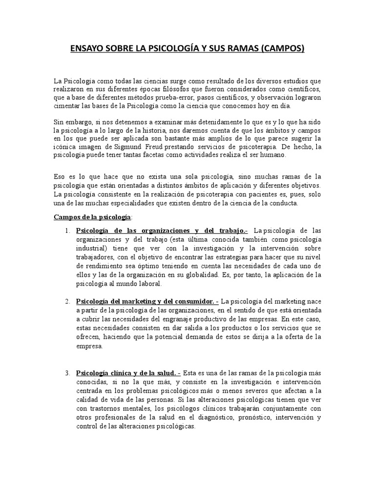 ENSAYO SOBRE LA PSICOLOGÍA Y SUS RAMAS | PDF | Sicología | Psicología ...