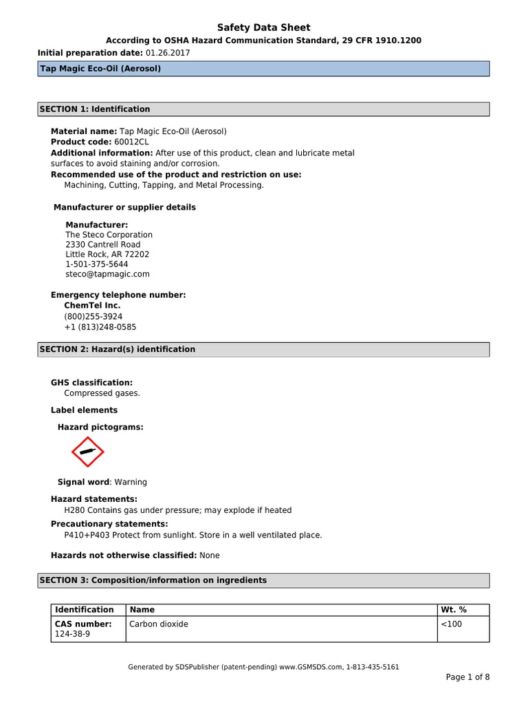 Tap Magic Eco Oil Aerosol Na SDSPDF PDF Dangerous Goods Toxicity