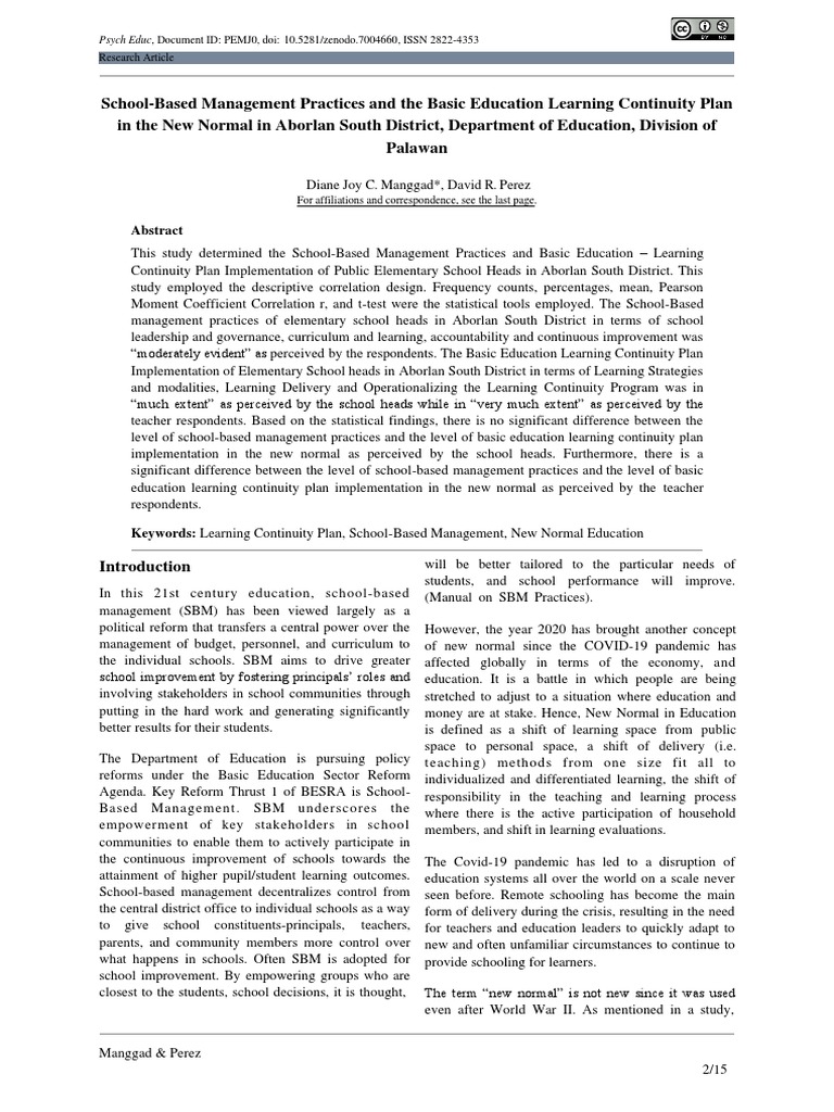 School Based Management Practices And The Basic Education Learning