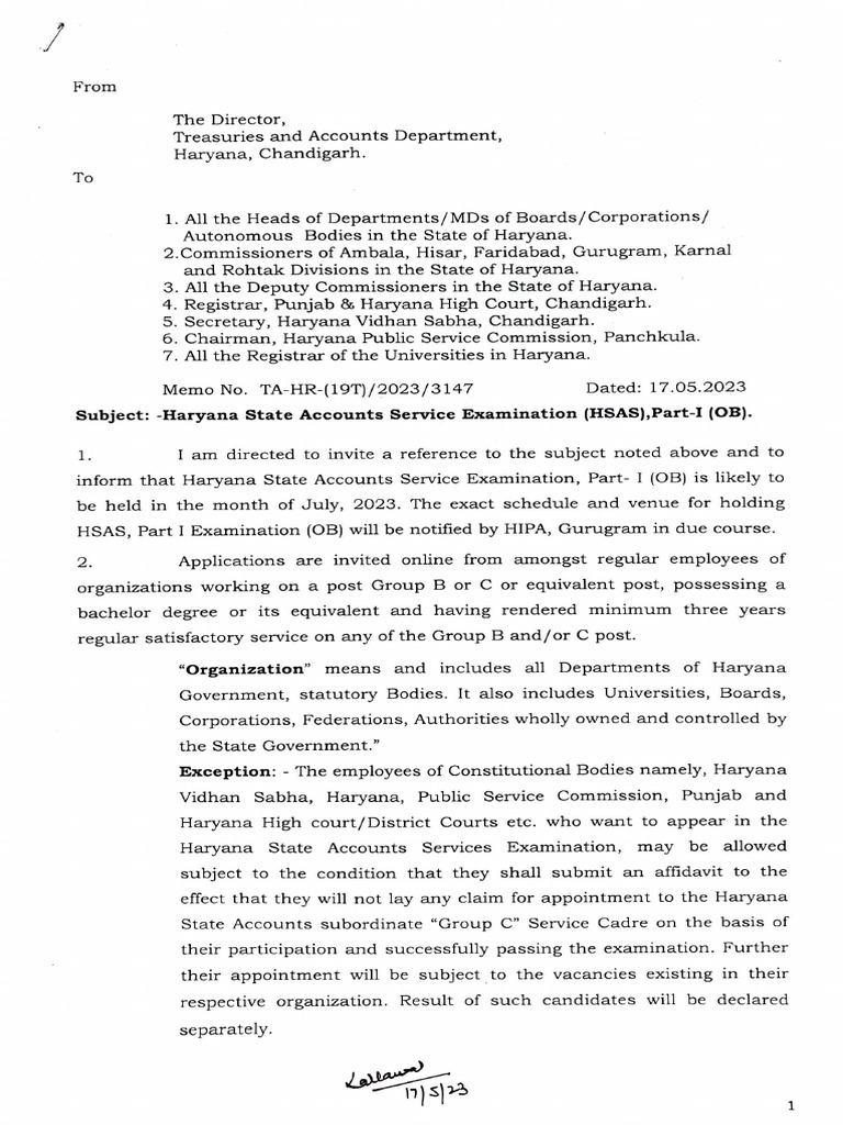 HSAS Exam Notification for Haryana Employees | PDF | Government | Justice