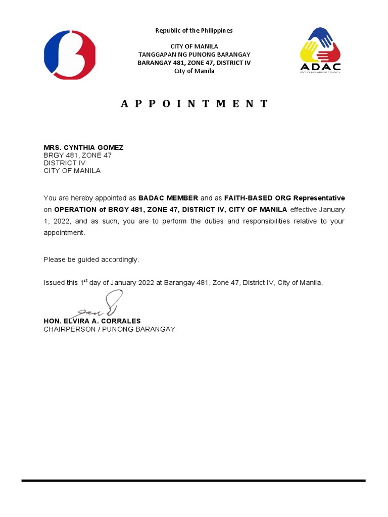 Badac appointment letter cynthia gomez pdf
