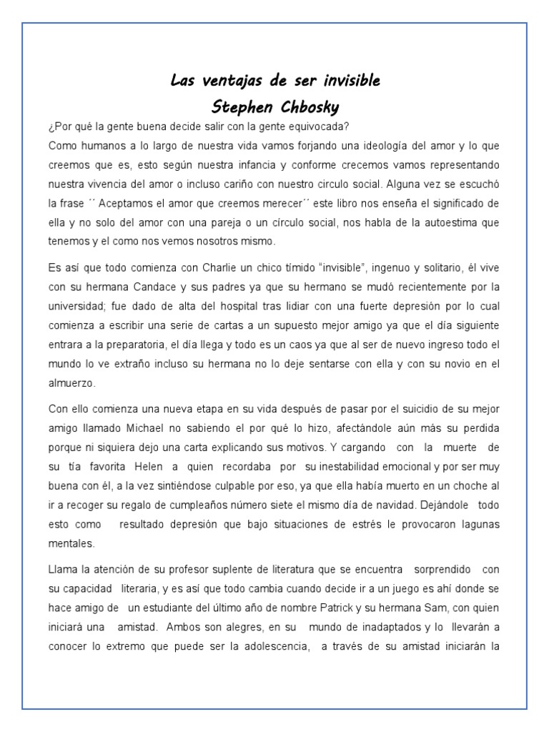 Las Ventajas de Ser Invisible: Resumen | PDF | Amor