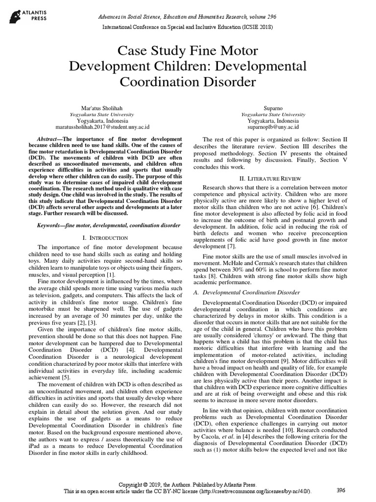 Case Study Fine Motor Development Children Developmental Coordination