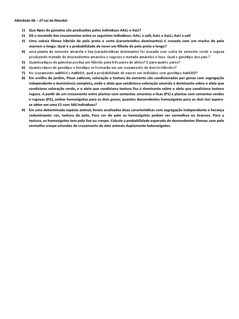 Atividade 06 - 2ª Lei de Mendel (02) | PDF