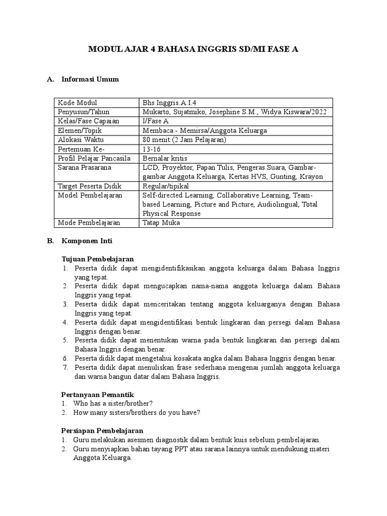 Modul Ajar Grow With English Kelas I Bab 4 Pdf