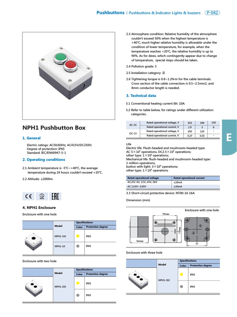 NPH1 Pushbutton Box Specifications | PDF | Humidity | Alternating Current