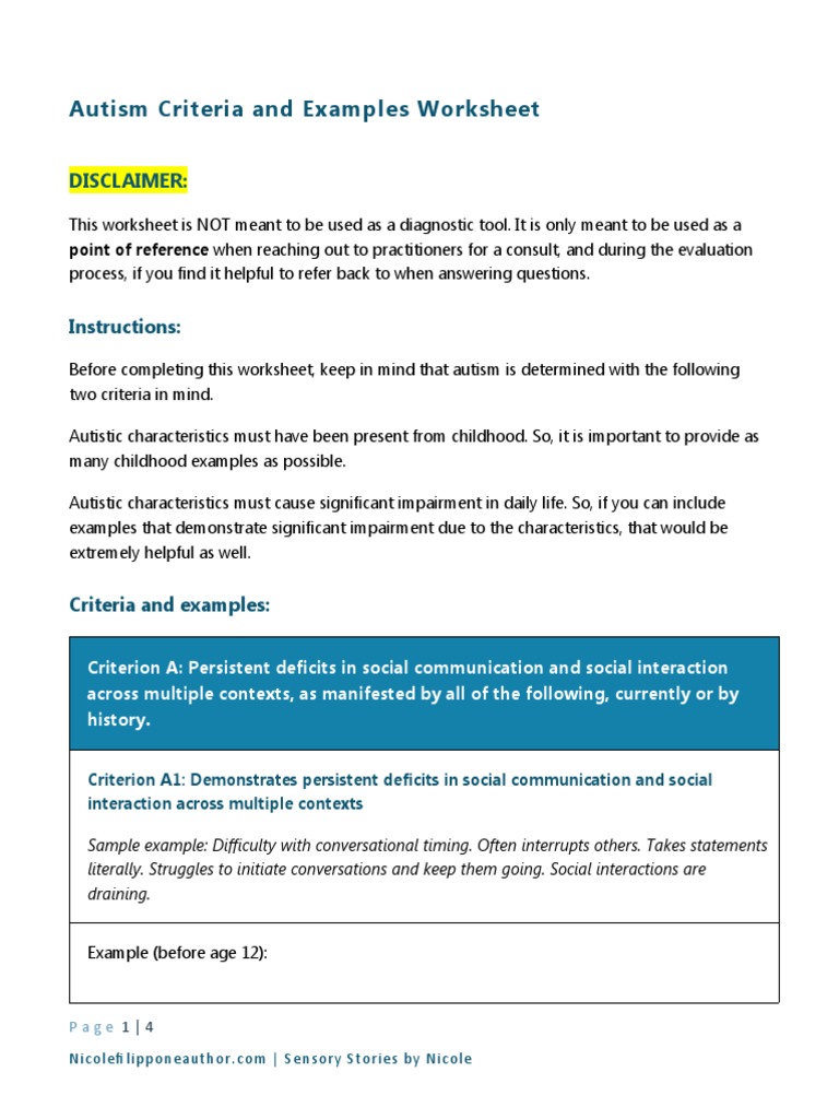Autism Criteria and Examples Worksheet | PDF | Autism Spectrum | Cognition